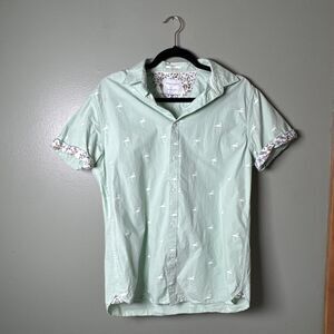 Denim & Flower Mint Green Button Up Short Sleeve With White Flamingos Men’s Sz M